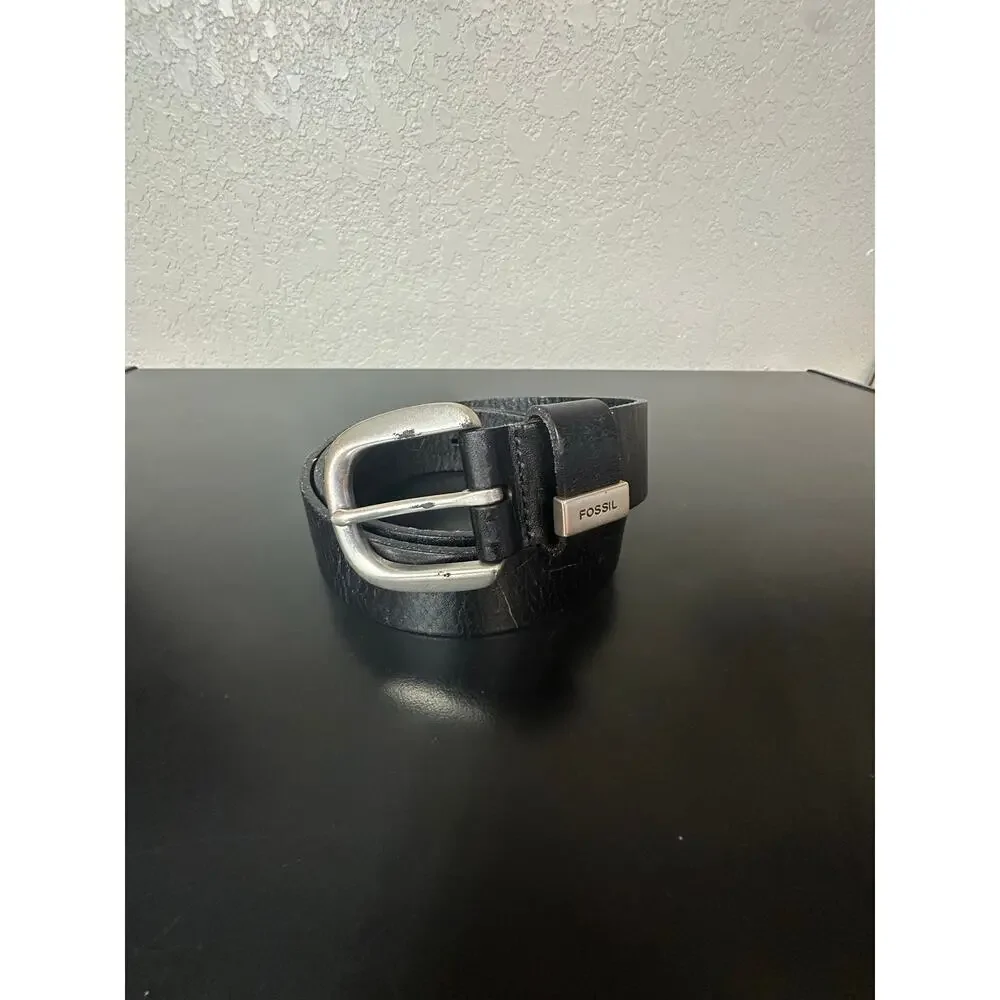 Fossil Black Leather Belt Men XL Silver Buckle Elegant Glam Old Money Preppy